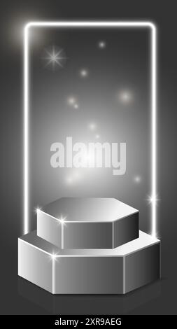 Gray silver podium  3d scene stand in vector for mockups, demonstration, advertising, marketplaces Stock Vector
