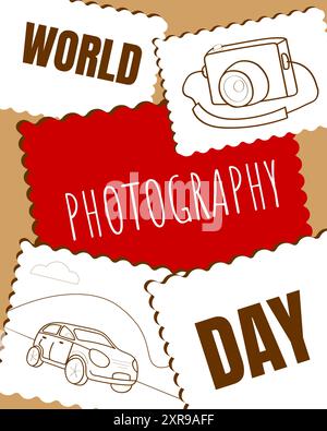 World Photography Day poster retro style with collage of pictures Stock Vector