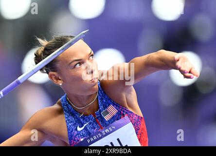 Paris, France. 9th Aug, 2024. Anna Hall of the United States competes during the women's heptathlon javelin throw of Athletics at the Paris 2024 Olympic Games in Paris, France, Aug. 9, 2024. Credit: Song Yanhua/Xinhua/Alamy Live News Stock Photo