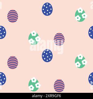 Easter eggs seamless pattern for on a cream beige background. Fun eggs with flowers in pastel colors. Spring Easter holidays pattern for wrapping Stock Vector