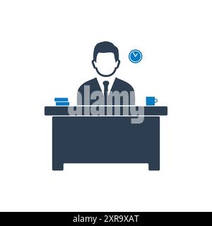Business Office Icon. With Businessman, Clock, Desk and Book Symbols. Editable Flat Vector Illustration. Stock Vector