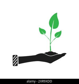 Business Startup Icon. With Hand, Green Leaves and Plant Symbol Symbols. Editable Flat Vector Illustration. Stock Vector