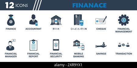 Finance Icon Set. Collection of Accountant, Bank, Cheque, Financial Manager, Report, Security, Savings, Mobile Banking and More Icons. Editable Flat V Stock Vector
