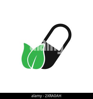 Herbal Medicine Icon. With Pill and Green Leaves Symbols. Editable Flat Vector Illustration. Stock Vector