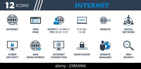 Internet Icon Set. Collection of Internet Connection, Website, Web Page, ISP, Social Network, Cyber Security, Domain Name and More Icons. Editable Fla Stock Vector