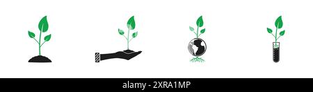 Plant Icon Set. Collection of Tree, Green Leaves, Care, Globe, Test Tube, Hand, Soil, Seeding, Nature and More Icons. Editable Flat Vector Illustratio Stock Vector