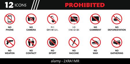 No chemical icon set. Prohibited lab symbols. Red prohibition sign ...