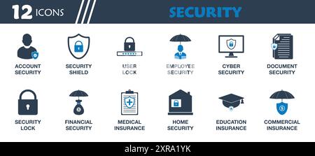 Security Icon Set. Collection of User Lock, Shield, Employee, Cyber, Financial, Education, Home, Account Safety, Medical Insurance and More Icons. Edi Stock Vector