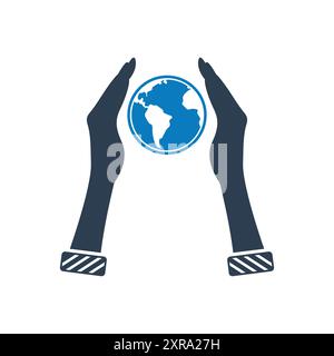 Save the earth icon. With Globe and Hand Symbols. Editable Flat Vector Illustration. Stock Vector