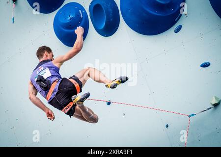 Paris, France. 09th Aug, 2024. Adam Ondra from the Czech Republic competes in sport climbing Men's Combined, Final - Boulder at the Olympic Games in Paris, France, on August 9, 2024. Credit: Jaroslav Svoboda/CTK Photo/Alamy Live News Stock Photo