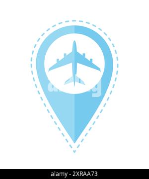 Blue map pin icon with airplane inside and dotted line around, isolated on white background. Flat vector illustration Stock Vector