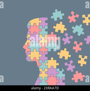 A human silhouette made of multi-colored crumbling puzzles. Flat vector illustration Stock Vector