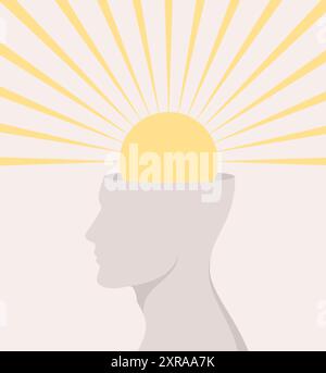 Male side silhouette with sun in his head. Flat vector illustration Stock Vector