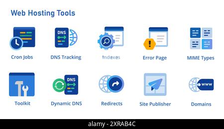 Web server tools icon set collection for cron jobs MIME type dynamic DNS site publisher index tools and error pages Stock Vector