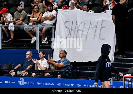 Paris, France. 09th Aug, 2024. Shame sign before the water polo men classification 5th - 8th match between team Italy (white caps) and team Spain (blue caps) of the Paris 2024 Olympic Games at La Defense Arena in Paris (France), August 09, 2024. Credit: Insidefoto di andrea staccioli/Alamy Live News Stock Photo