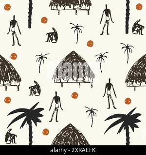 Seamless pattern with African motifs, including palm, hut, black people. Hand drawn vector illustration. Stock Vector