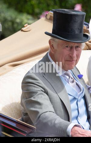 Ascot, UK. 20th June, 2024. King Charles III arrives in the Royal Procession in the Parade Ring at Royal Ascot on Ladies Day. Credit: Maureen McLean/Alamy Stock Photo