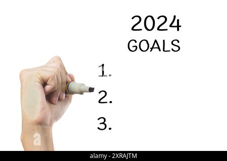 A  person writing their goals for 2024 on a glass whiteboard. They are using a marker to write, and they have already written down a few goals and the Stock Photo