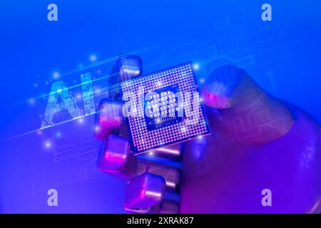 A close-up of a robotic hand, made of metal and with long holding a CPU in its palm. The hand is made of metal and has long, thin fingers. The CPU is Stock Photo