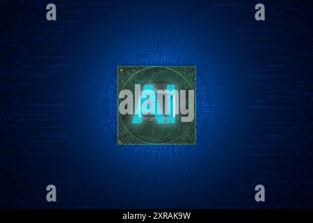 Advanced Mobile Microprocessor Connecting with a Motherboard and Activates entire System. AI Letters on Chip Glowing. Energy Pulse Expanding after CPU Stock Photo