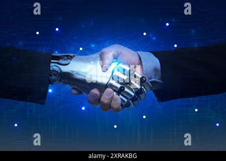 Businessperson shaking hand with digital partner over futuristic background. Artificial intelligence and machine learning process for 4th industrial r Stock Photo