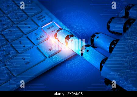 Close-up Of Robotic Hand Pressing Enter Key On Keyboard. Technology design, robot concept, working with computer keyboard. Close-up and depth of field Stock Photo