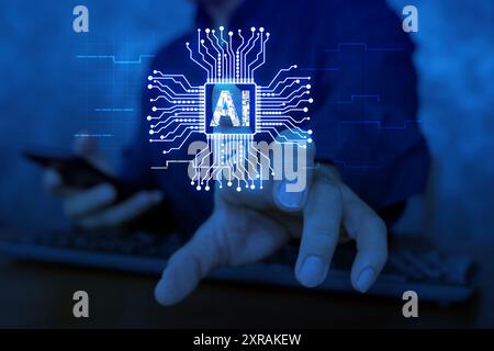 Man's fingers typing on laptop keyboard, AI hologram with chatbot and online communication, digital lines and global connection. Concept of machine le Stock Photo