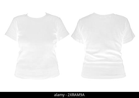 Blank white t-shirt template for women from two sides, natural shape on invisible mannequin for your model design for printing, isolated on white back Stock Photo