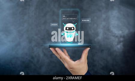 Digital chatbot, chat GPT, robot application, conversation assistant, AI Artificial Intelligence concept. Man using mobile smart phone, with digital c Stock Photo