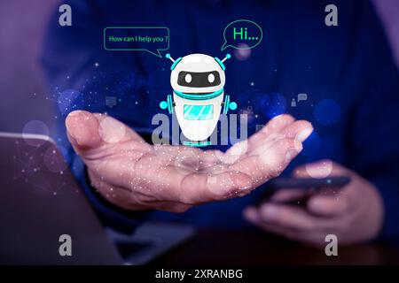 Businessman using smartphone for digital robot application, conversation assistant, AI Artificial Intelligence concept, digital on virtual screen. Inn Stock Photo