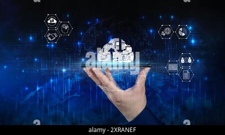 Cloud computing concept, a person's hand uses a smartphone connected to the cloud for data transfer. Mass storage simulation that is virtual in docume Stock Photo