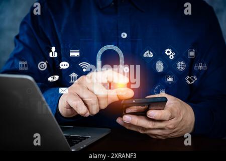 Concept of cyber security, Businesswoman using network online on cloud systemp to server big data information security encryption, secure access to us Stock Photo