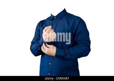 Photograph of a businessman dressed with the sleeves buttoned up on his blue shirt. Ready to go to work in formal clothes, without a head, for use in Stock Photo