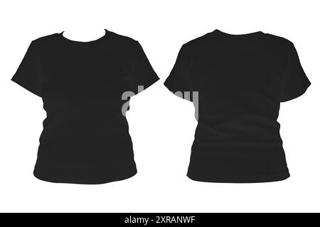 Women's black blank T-shirt template,from two sides, natural shape on invisible mannequin, for your design mockup for print, isolated on white backgro Stock Photo