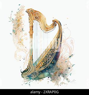 ornamental vector watercolor illustration of harp Stock Vector