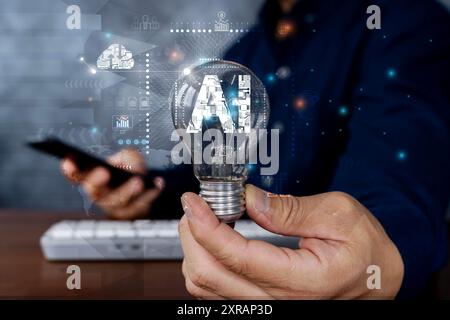 Businessman touching the brain working of Artificial Intelligence (AI) Automation, Predictive analytics, Customer service AI-powered chatbot, analyze Stock Photo