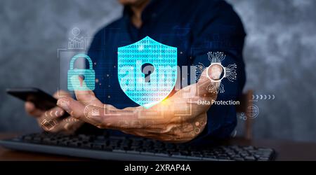 Cyber security network. Data protection concept. Businessman using laptop computer with digital padlock on internet technology networking with cloud c Stock Photo