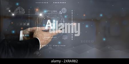 Businessman touching the brain working of Artificial Intelligence (AI) in the futuristic business and coding software development on interface and syn Stock Photo