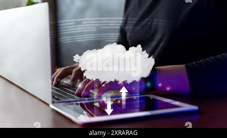 Computing resources and cloud technology concept storage. Businessman using laptop with cloud computer icon. Digital file storage system record keepin Stock Photo