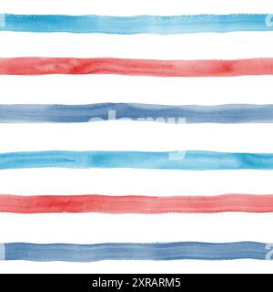 Watercolor teal blue stripes on white background. Blue, red, teal, white striped seamless pattern. Watercolour hand drawn stripe texture. Print for te Stock Photo