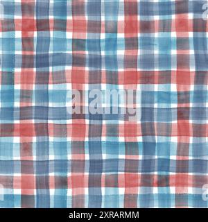 Watercolor stripe plaid gingham seamless pattern. Navy blue, teal, red color stripes on white background. Watercolour hand drawn striped texture. Prin Stock Photo