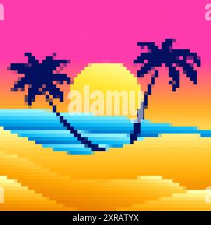 Pixel beach landscape with palm trees and sunset. Coastline with sand dunes in the style of 8-bit retro graphics of the 80s and 90s. Sea and sun in pi Stock Vector