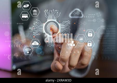 Businessman scanning fingerprint and biometric authentication, cyber security and fingerprint password, future technology and cybernetics. Technologic Stock Photo