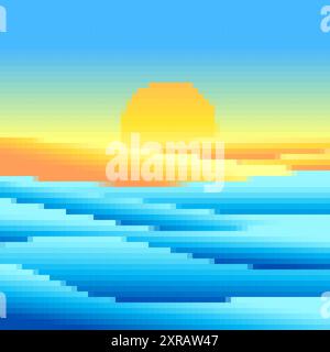 Pixel coastline, sandy beach and shore. Sunset on the beach in the style of 8-bit retro graphics of the 80s and 90s. Sand dunes, sea and sun in pixel Stock Vector
