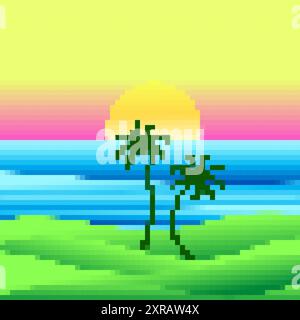 Landscape with green meadows sea and sunset in pixel art style. Rising sun on green fields in the style of 8-bit retro graphics of the 80s and 90s. De Stock Vector