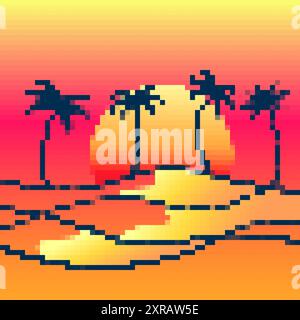 Pixel desert landscape with palm trees and sand dunes. Landscape with palm trees in the desert in the style of 8-bit graphics of retro games of the 80 Stock Vector