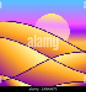 Desert landscape in pixel art style. Sun over sand dunes in the style of 8-bit retro graphics of the 80s and 90s. Pixel desert landscape. Design for p Stock Vector