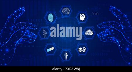 Futuristic medical cybernetic robotics technology. Human neural structure virtual hologram float away from robot hand. Innovation artificial intellige Stock Photo