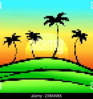 Tropical sunset with palm trees and green fields in pixel art style. Green lawn with palm trees in the style of 8-bit retro graphics of the 80s. Pixel Stock Vector