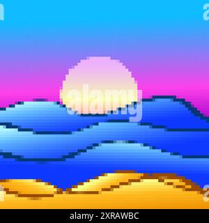 Pixel coastline, sandy beach and shore. Sunset on the beach in the style of 8-bit retro graphics of the 80s and 90s. Sand dunes, sea and sun in pixel Stock Vector